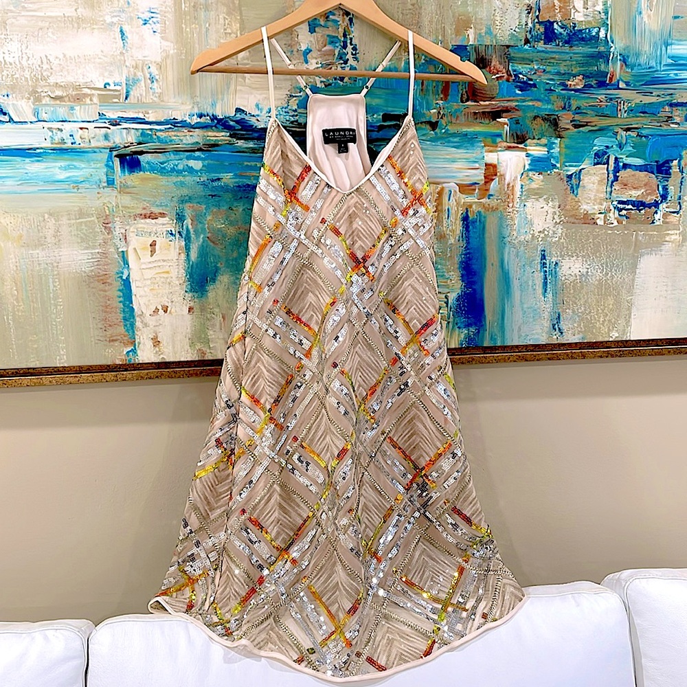 NWT gold sequin chanpagne Shelli Segal LAUNDRY shift embellished sequined 2 4 68